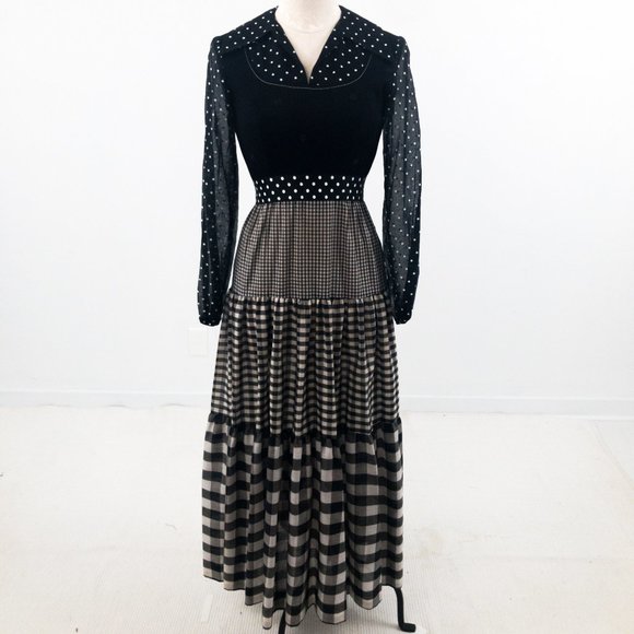 Vintage Dresses & Skirts - SOLD Vintage 70s S Prairie Check Print Maxi Dress Black